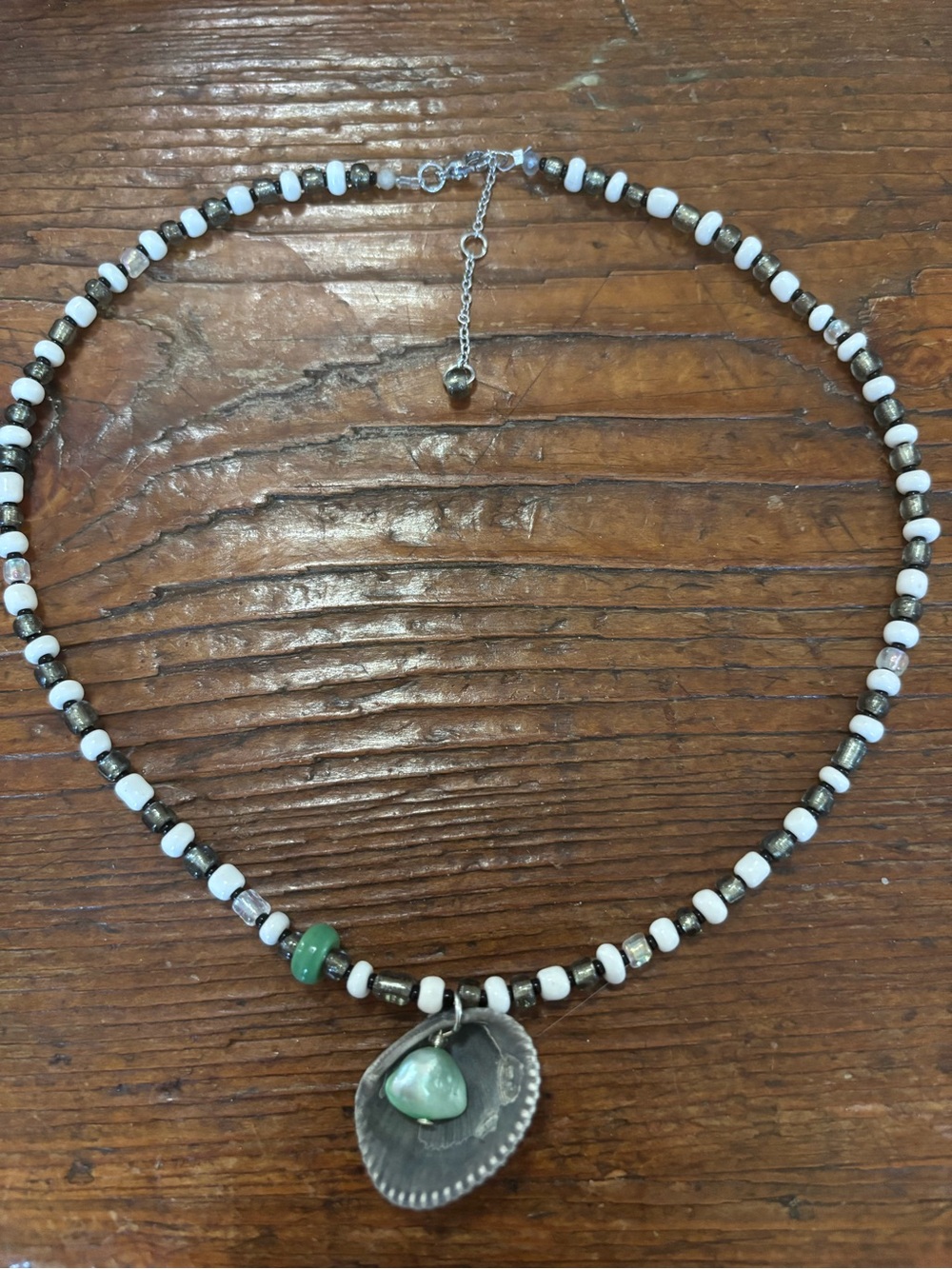 Handcrafted White and Green Beaded Pendant Necklace